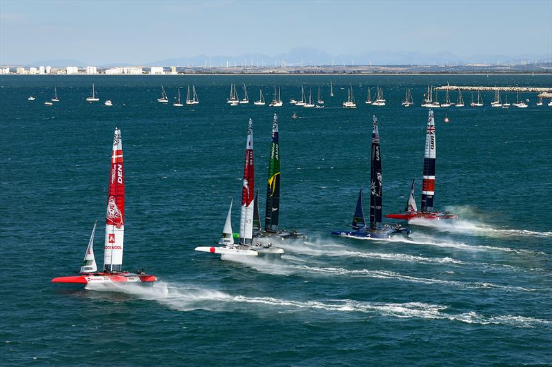 The F50 catamaran fleet in action Race Day 2 at the Spain Sail Grand Prix photo copyright Ricardo Pinto for SailGP taken at  and featuring the F50 class