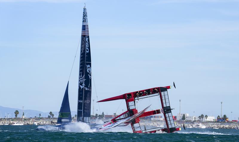 Great Britain SailGP Team helmed by Ben Ainslie capsize during the final at the Spain Sail Grand Prix photo copyright Bob Martin for SailGP taken at  and featuring the F50 class