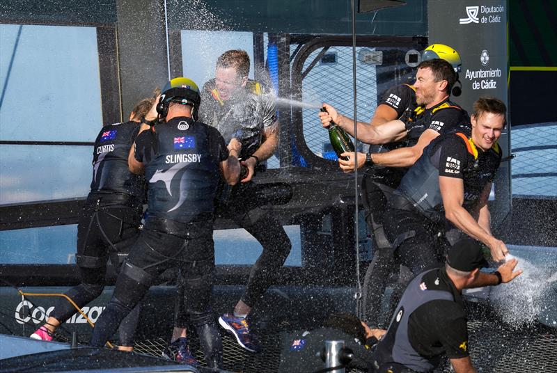 Australia SailGP Team helmed by Tom Slingsby celebrate victory at the Spain Sail Grand Prix photo copyright Bob Martin for SailGP taken at  and featuring the F50 class