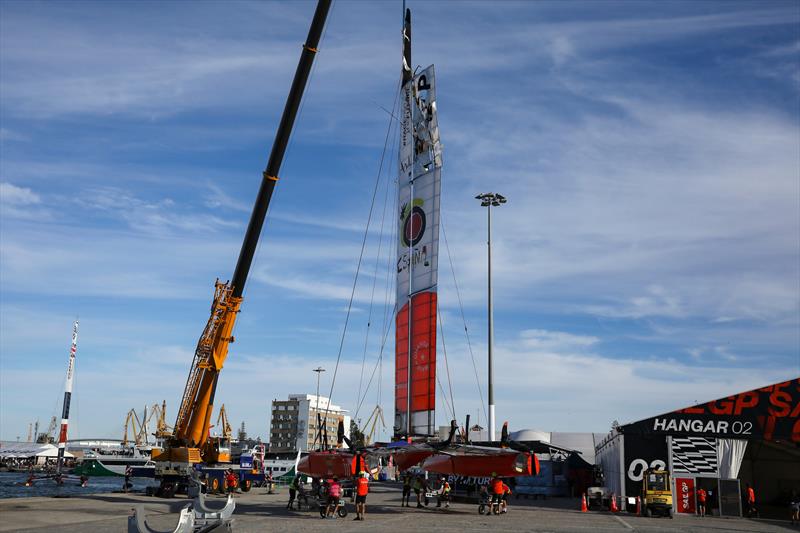 The Spain SailGP F50 catamaran is craned out of the water in the Technical Area after Race Day 2 at the Spain Sail Grand Prix photo copyright Felix Diemer for SailGP taken at  and featuring the F50 class