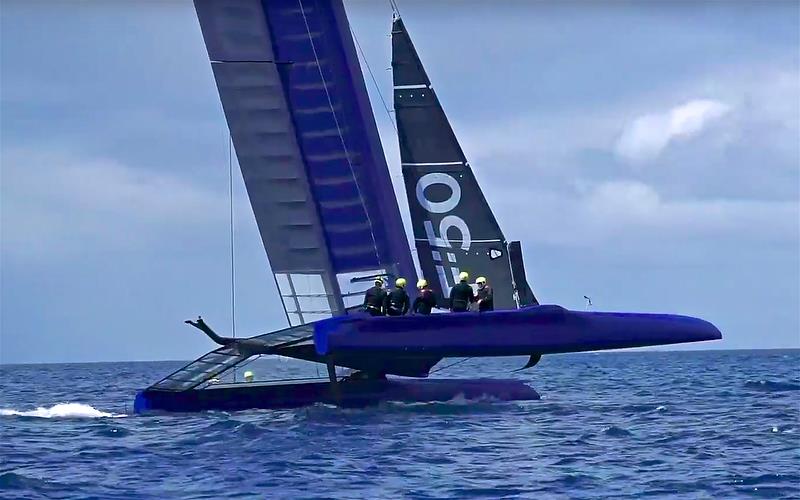 F-50 First test Sail - flying a hull - a look from 45 degree angle at the daggerboards. The aft camera stalk is in the same place as the AC50, crew are semi-hiking, oblivious to windage same as several crews (except ETNZ) were in the 2017 America's Cup. - photo © Beau Outteridge
