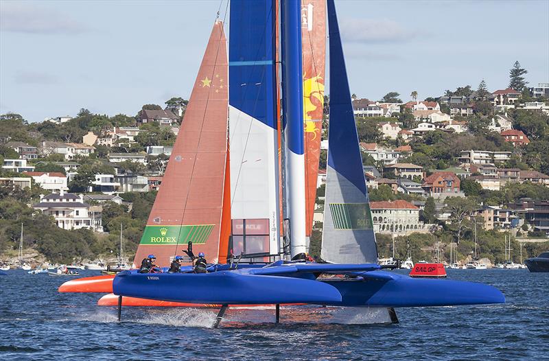 High speed cross with a closure rate of around 60 knots with Team France and Team China - Day One of the inaugural SailGP on Sydney Harbour photo copyright John Curnow taken at Royal Sydney Yacht Squadron and featuring the F50 class