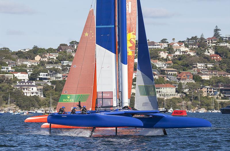 High speed cross with a closure rate of around 60 knots with Team France and Team China - Day One of the inaugural SailGP on Sydney Harbour - photo © John Curnow