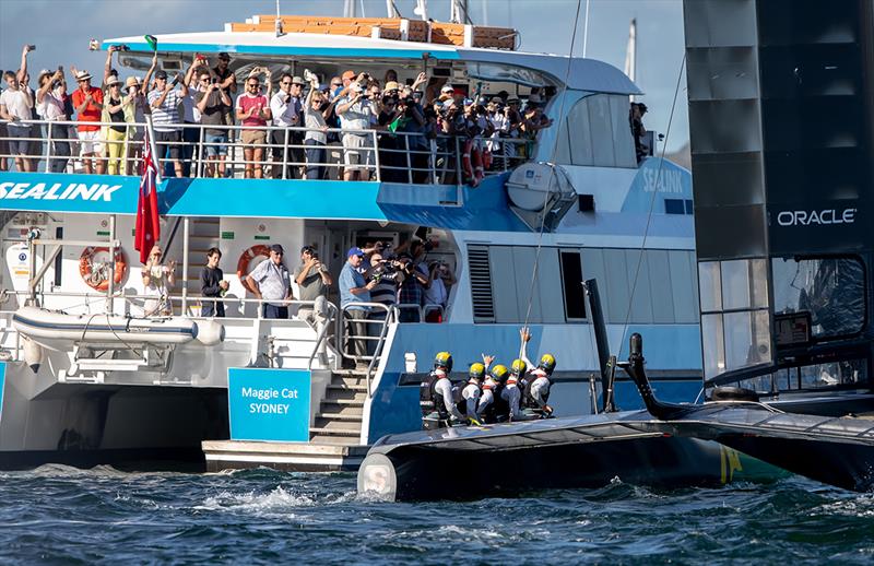 Australia SailGP enjoys a sail-past after winning Race 3 photo copyright Crosbie Lorimer taken at Royal Sydney Yacht Squadron and featuring the F50 class