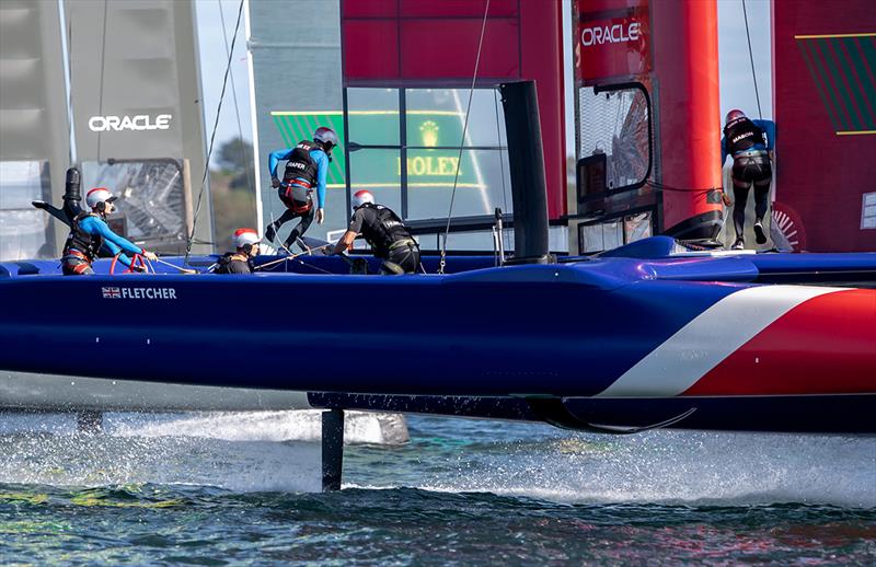 Great Britain SailGP skipper Dylan Fletcher takes over the wing trim as Chris Draper moves across the boat - photo © Crosbie Lorimer