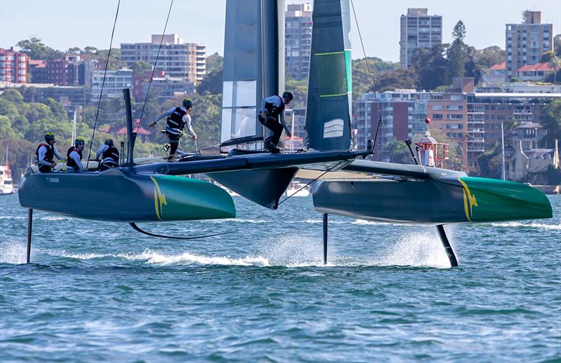 Australia SailGP prepare to tack as they lead the fleet on Race 2 photo copyright Crosbie Lorimer taken at Royal Sydney Yacht Squadron and featuring the F50 class