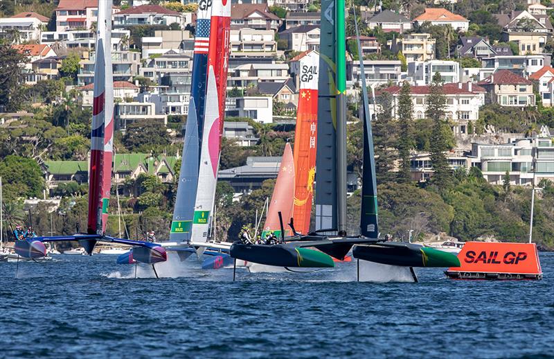 Australia SailGP leads the fleet past Mark 1 in Race 2 photo copyright Crosbie Lorimer taken at Royal Sydney Yacht Squadron and featuring the F50 class