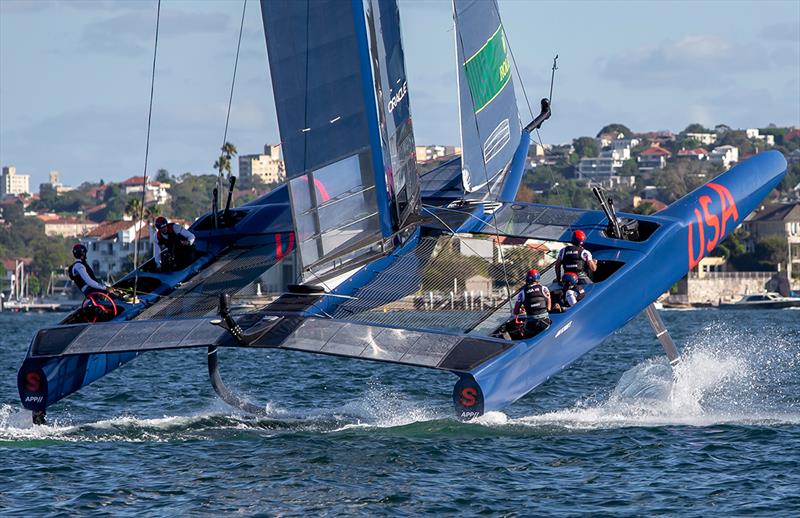 USA SailGP puts on wheelstand as she exits a gybe photo copyright Crosbie Lorimer taken at Royal Sydney Yacht Squadron and featuring the F50 class