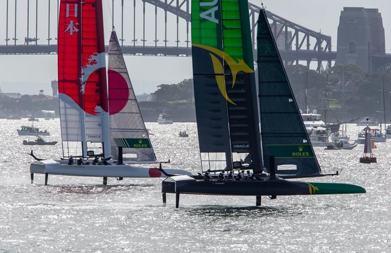 Team Japan & Team Australia powering across the Harbour - Sail GP Championship Sydney photo copyright Crosbie Lorimer / Bow Caddy Media taken at Royal Sydney Yacht Squadron and featuring the F50 class