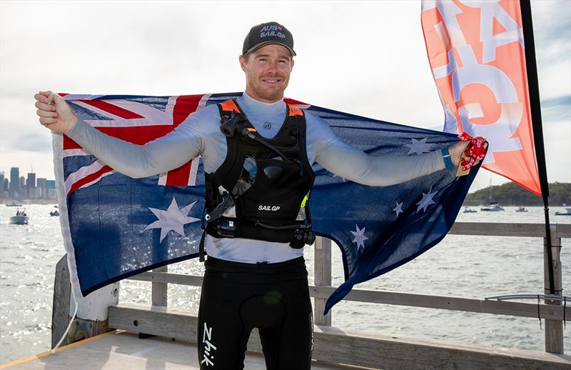 Victorious skipper Tom Slingsby on the Shark Island dock after the stage presentation - 2019 Sail GP Championship Sydney photo copyright Crosbie Lorimer taken at Royal Sydney Yacht Squadron and featuring the F50 class