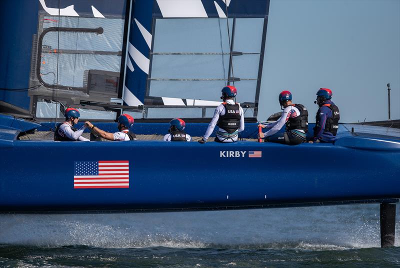 The United States SailGP Team skippered by Rome Kirby training on their F50 catamaran during their first planned practice session. Race 2 Season 1 SailGP event in San Francisco, California, United States. 22 April  photo copyright Jed Jacobsohn for SailGP taken at Golden Gate Yacht Club and featuring the F50 class