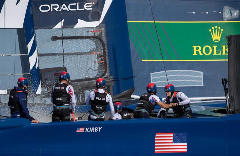 The United States SailGP Team skippered by Rome Kirby training on their F50 catamaran during their first planned practice session. Race 2 Season 1 SailGP event in San Francisco, California, United States. 22 April  photo copyright Jed Jacobsohn for SailGP taken at Golden Gate Yacht Club and featuring the F50 class