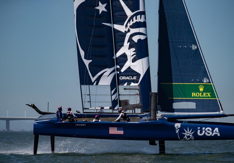 The United States SailGP Team get their F50 catamaran up on its foils during their first planned practice session. Race 2 Season 1 SailGP event in San Francisco, California, United States. 22 April  photo copyright Jed Jacobsohn for SailGP taken at Golden Gate Yacht Club and featuring the F50 class