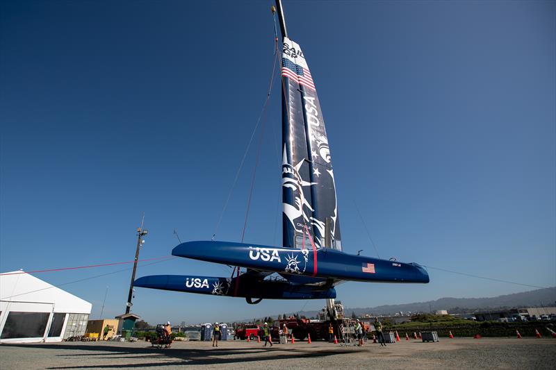 The Team USA F50 catamaran being winched into the water ahead of a practice session. Race 2 Season 1 SailGP event in San Francisco, California, United States. 22 April  photo copyright Jed Jacobsohn for SailGP taken at Golden Gate Yacht Club and featuring the F50 class