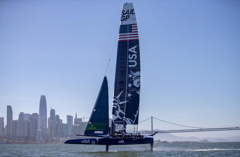 The United States SailGP Team training on their F50 catamaran during their first planned practice session. Race 2 Season 1 SailGP event in San Francisco, California, United States. 22 April  photo copyright Jed Jacobsohn for SailGP taken at Golden Gate Yacht Club and featuring the F50 class