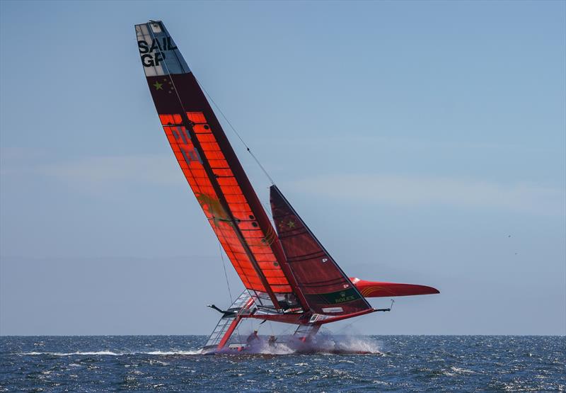 The China SailGP F50 catamaran leans over at an extreme angle during practice in San Francisco Bay. Race 2 Season 1 SailGP event in San Francisco 25 April  photo copyright Beau Outteridge for SailGP taken at Golden Gate Yacht Club and featuring the F50 class