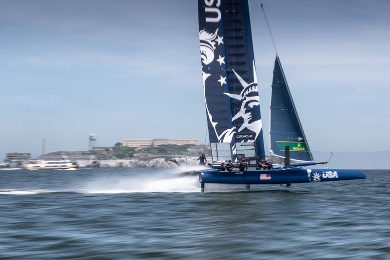 Rome Kirby pilots the USA SailGP Team F50 in front of Alcatraz Island during race condition practice day. - photo © Matt Knighton