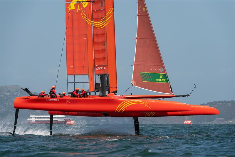 Team China foil a high and crash resulting in a damaged wing. Practice race day, Event 2, Season 1 SailGP event in San Francisco,  photo copyright Chris Cameron for SailGP taken at Golden Gate Yacht Club and featuring the F50 class