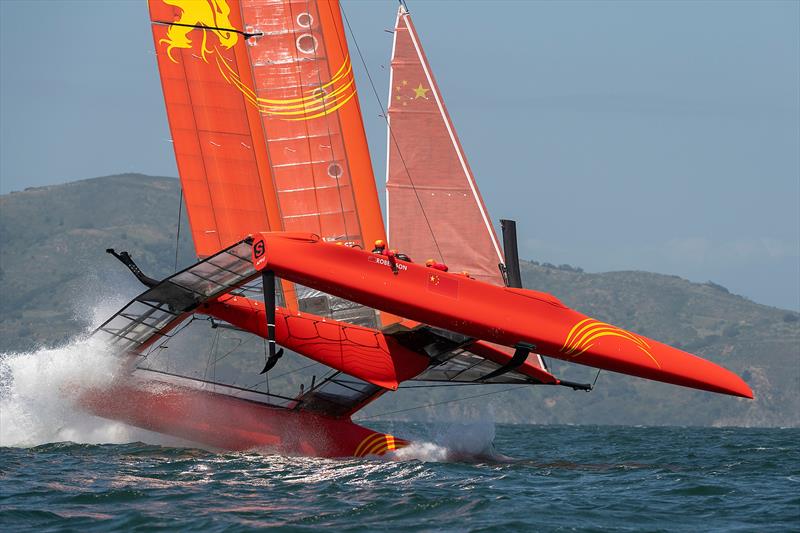 Team China foil a high and crash resulting in a damaged wing. Practice race day, Event 2, Season 1 SailGP event in San Francisco, California photo copyright Chris Cameron for SailGP taken at Golden Gate Yacht Club and featuring the F50 class