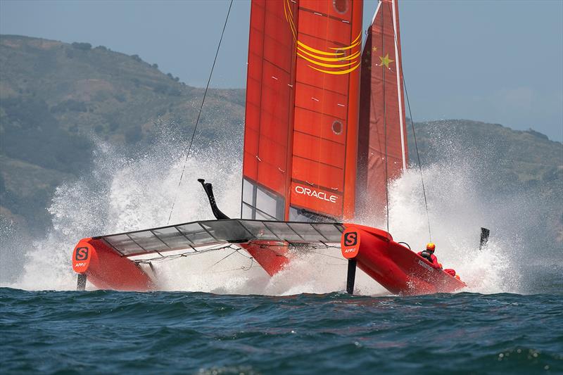 Team China foil ahigh and crash resulting in a damaged wing. Practice race day, Event 2, Season 1 SailGP event in San Francisco, California,  photo copyright Chris Cameron for SailGP taken at Golden Gate Yacht Club and featuring the F50 class