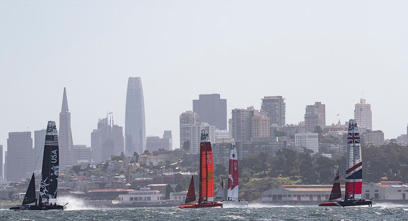 SailGP teams training in the bay in choppy waters across the City front.  SailGP event in San Francisco, California, photo copyright www.lloydimages.com taken at Golden Gate Yacht Club and featuring the F50 class