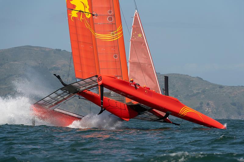 Team China foil ahigh and crash resulting in a damaged wing. Practice race day, Event 2, Season 1 SailGP event in San Francisco,  photo copyright Chris Cameron for SailGP taken at Golden Gate Yacht Club and featuring the F50 class