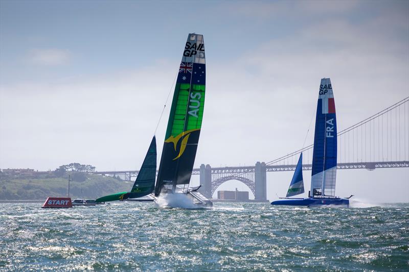 Australia SAILGP Team skippered by Tom Slingsby passes the start marker followed by France SailGP Team skippered by Billy Besson in a practice race with the Golden Gate Bridge in the distance. Event 2 Season 1 SailGP event in San Francisco photo copyright Eloi Sitchelbaut for SailGP taken at Golden Gate Yacht Club and featuring the F50 class