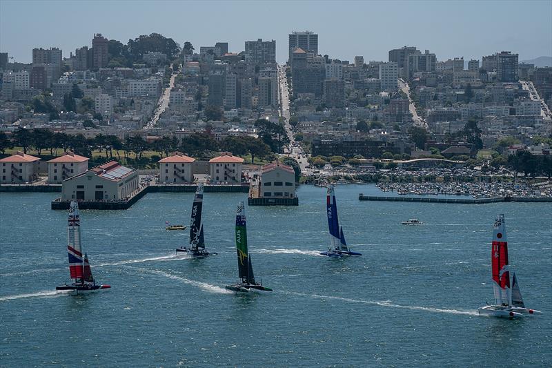 The F50 catamaran fleet races past the Race Village. Race Day 1 Event 2 Season 1 SailGP event in San Francisco photo copyright Bob Martin for SailGP taken at  and featuring the F50 class