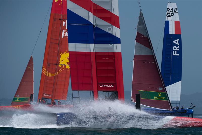 Team GBR sailors get a hosing on the final leg of race two. Race Day 1 Event 2 Season 1 SailGP event in San Francisco - photo © Chris Cameron