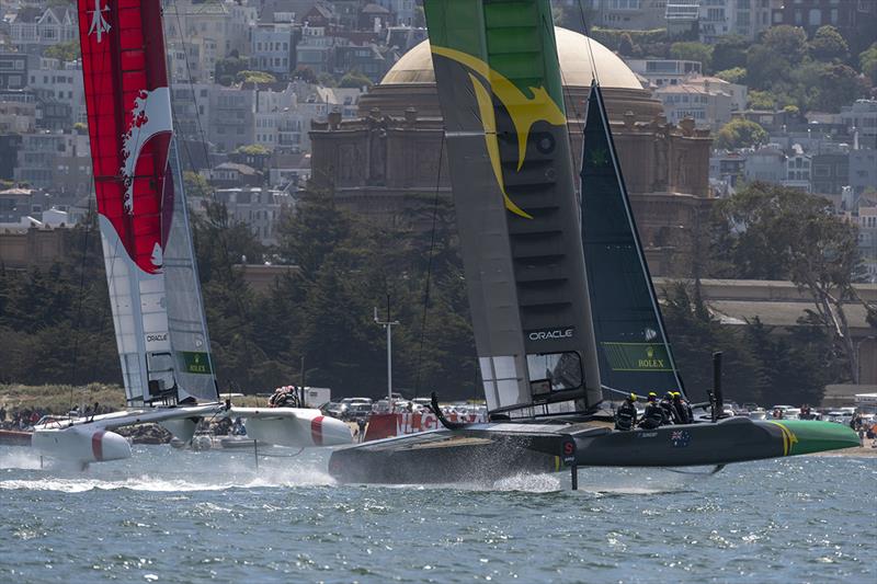 Team Australia helmed by Tom Slingsby and team Japan helmed by Nathan Outteridge at the top mark in Race one. Race Day 1 Event 2 Season 1 SailGP event in San Francisco, California, United States. 04 May  photo copyright Chris Cameron for SailGP taken at  and featuring the F50 class