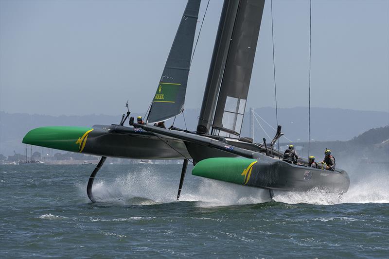 Team Australia helmed by Tom Slingsby bury their port bow through a tack. Race Day 1 Event 2 Season 1 SailGP event in San Francisco, California, United States. 04 May photo copyright Chris Cameron for SailGP taken at  and featuring the F50 class