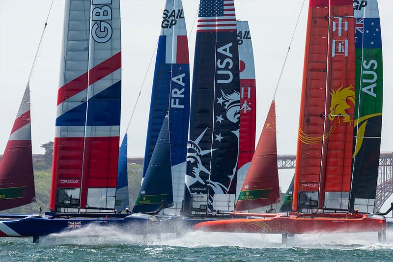 The fleet of six F50s heads for the first mark in race two. Race Day 1 Event 2 Season 1 SailGP event in San Francisco, California, United States. 04 May photo copyright Chris Cameron for SailGP taken at  and featuring the F50 class