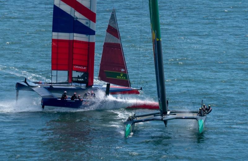 Great Britain SailGP Team skippered by Dylan Fletcher and Australia SailGP Team skippered by Tom Slingsby racing close together. Race Day 1 Event 2 Season 1 SailGP event in San Francisco, California, United States photo copyright Bob Martin for SailGP taken at  and featuring the F50 class