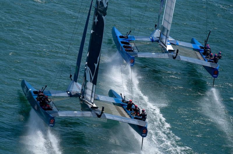 United States SailGP Team skippered by Rome Kirby and France SailGP Team skippered by Billy Besson racing close together. Race Day 1 Event 2 Season 1 SailGP event in San Francisco, California, United States photo copyright Bob Martin for SailGP taken at  and featuring the F50 class