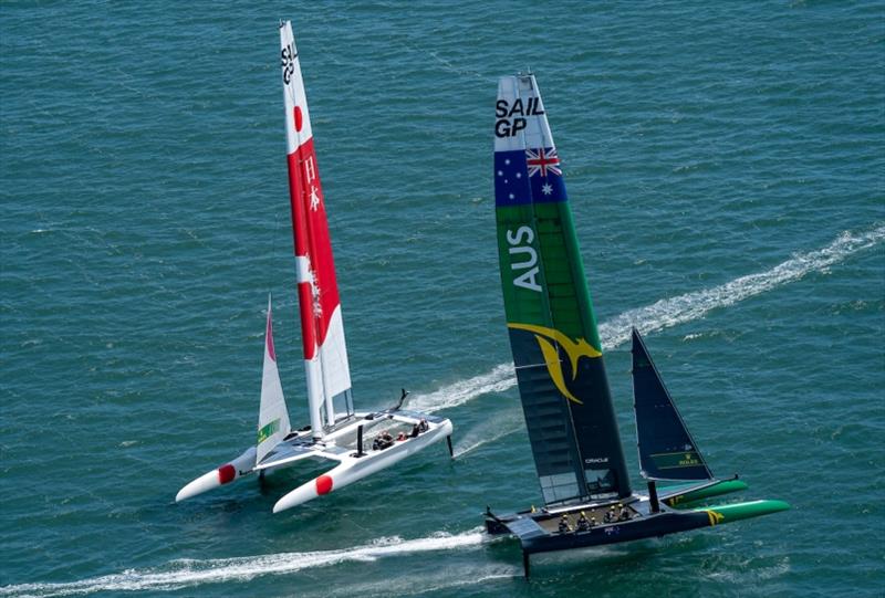 Japan SailGP Team skippered by Nathan Outteridge and Australia SailGP Team skippered by Tom Slingsby racing close together. Race Day 1 Event 2 Season 1 SailGP event in San Francisco, California, United States photo copyright Bob Martin for SailGP taken at  and featuring the F50 class