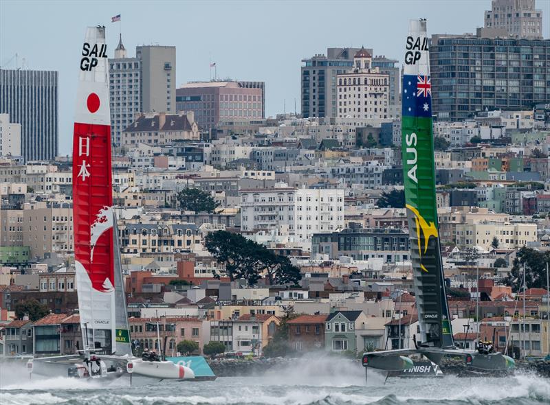 Australia SailGP Team skippered by Tom Slingsby against Japan SailGP Team skippered by Nathan Outteridge in the Match race final. Race Day 2 Event 2 Season 1 SailGP event in San Francisco - photo © Bob Martin for SailGP