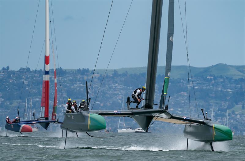 Australia SailGP Team skippered by Tom Slingsby racing in with Great Britain SailGP Team behind. Race Day 2 Event 2 Season 1 SailGP event in San Francisco, California, United States photo copyright Bob Martin for SailGP taken at  and featuring the F50 class