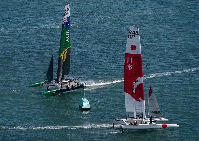 Japan SailGP Team skippered by Nathan Outteridge makes a turn followed by Australia SailGP Team skippered by Tom Slingsby. Race Day 1 Event 2 Season 1 SailGP event in San Francisco, California, United States. 04 May  - photo © Bob Martin for SailGP