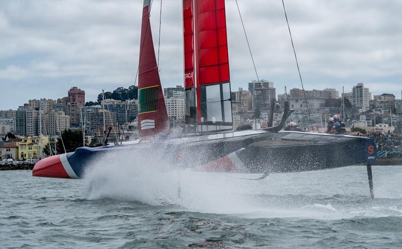 Great Britain SailGP Team skippered by Dylan Fletcher warming up ahead of Fleet Race 4. Race Day 2 Event 2 Season 1 SailGP event in San Francisco photo copyright Bob Martin for SailGP taken at Golden Gate Yacht Club and featuring the F50 class