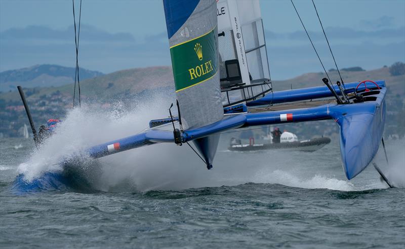 France SailGP Team skippered by Billy Besson dipping one of their hulls into the water. Race Day 2 Event 2 Season 1 SailGP event in San Francisco photo copyright Bob Martin for SailGP taken at Golden Gate Yacht Club and featuring the F50 class