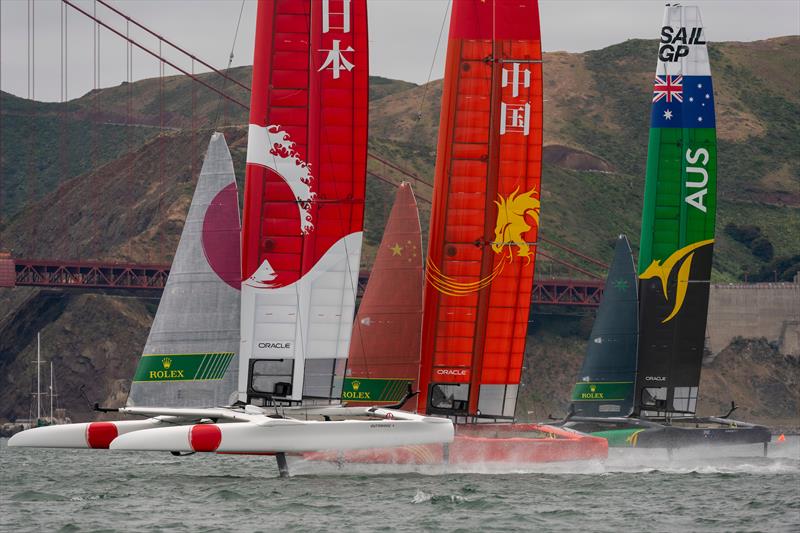 Team Japan, Team China and Team Australia power up for the start of race five. Race Day 2 Event 2 Season 1 SailGP event in San Francisco photo copyright Chris Cameron taken at Golden Gate Yacht Club and featuring the F50 class