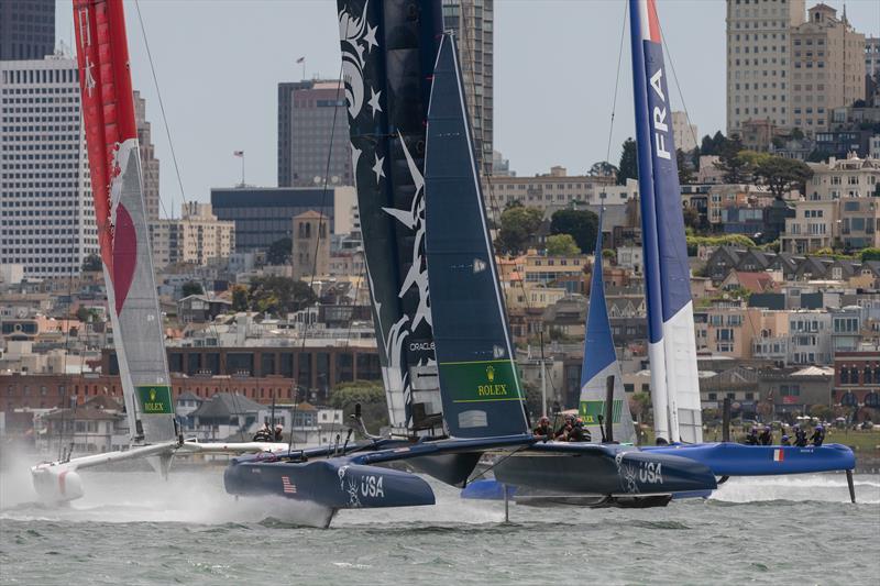 Team USA, team Japan and Team France round the right mark at the bottom gate in Race 5. Race Day 2 Event 2 Season 1 SailGP event in San Francisco photo copyright Chris Cameron taken at Golden Gate Yacht Club and featuring the F50 class