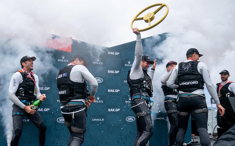 Tom Slingsby AUS holds the trophy aloft as the victorious Australia SailGP Team celebrate their win on the podium. Race Day 2 Event 2 Season 1 SailGP event in San Francisco photo copyright Bob Martin for SailGP taken at Golden Gate Yacht Club and featuring the F50 class