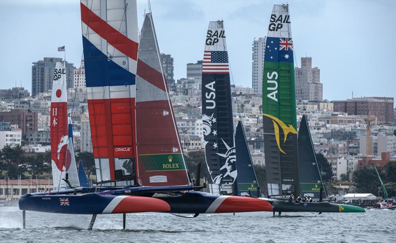 Great Britain SailGP Team skippered by Dylan Fletcher racing with United States SailGP Team and Australia SailGP Team in Fleet Race 4. Race Day 2 Event 2 Season 1 SailGP event in San Francisco - photo © Chris Cameron for SailGP