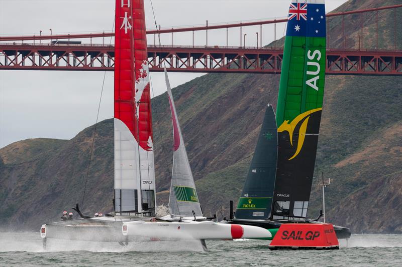 Team Japan helmed by Nathan Outteridge and Team Australia helmed by Tom Slingsby enter the box for the start of the final match race. Race Day 2 Event 2 Season 1 SailGP event in San Francisco photo copyright Chris Cameron taken at Golden Gate Yacht Club and featuring the F50 class