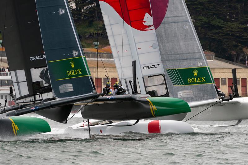 Team Australia helmed by Tom Slingsby leads against Team Japan helmed by Nathan Outteridge in the final match race. Race Day 2 Event 2 Season 1 SailGP event in San Francisco photo copyright Chris Cameron taken at Golden Gate Yacht Club and featuring the F50 class
