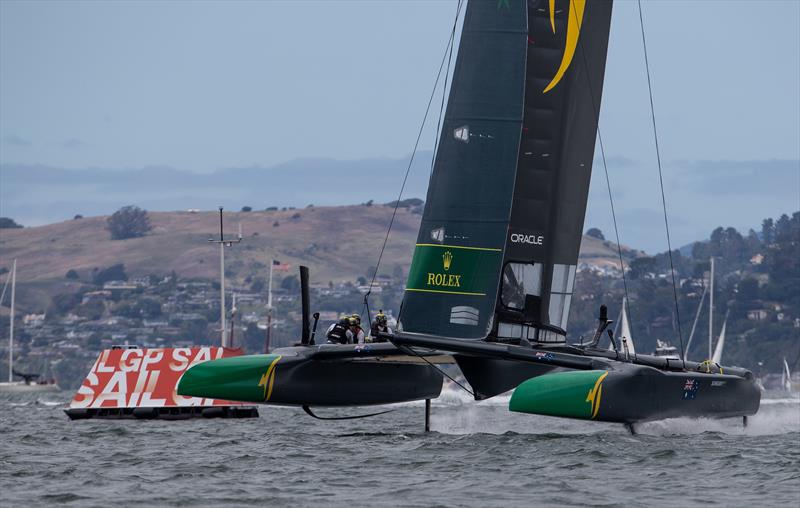 Australia SailGP Team skippered by Tom Slingsby racing against Japan SailGP Team skippered by Nathan Outteridge. Race Day 2 Event 2 Season 1 SailGP event in San Francisco photo copyright Eloi Stichelbaut for SailGP taken at Golden Gate Yacht Club and featuring the F50 class