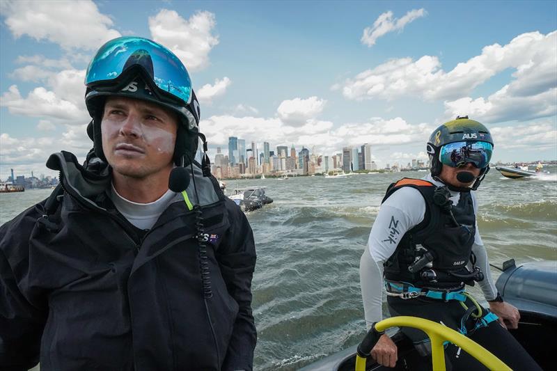 The Australia SailGP Team head out on a rib from the Liberty Landing Marina Technical Area to their moored F50 catamaran. Race Day 2 Event 3 Season 1 SailGP event in New York City, New York, United States. 22 June . - photo © Sam Greenfield for SailGP