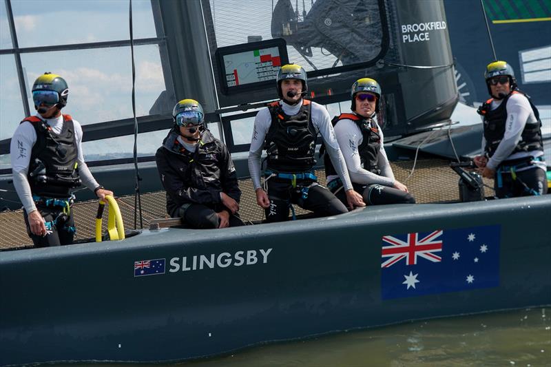 The Australia SailGP Team crew on board their F50 catamaran. Race Day 2 Event 3 Season 1 SailGP event in New York City, New York, United States. 22 June  photo copyright Sam Greenfield for SailGP taken at  and featuring the F50 class
