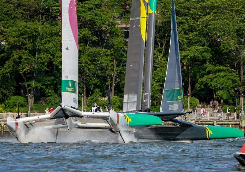 Japan SailGP Team skippered by Nathan Outteridge almost gets airborne as they manoeuvre around Australia SailGP Team skippered by Tom Slingsby in the match race to win SailGP New York photo copyright Beau Outteridge for SailGP taken at  and featuring the F50 class